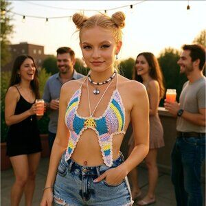 Hot & Delicious Crochet Halter Top w/ Butterfly Scalloped Edge & Neck Tie – L